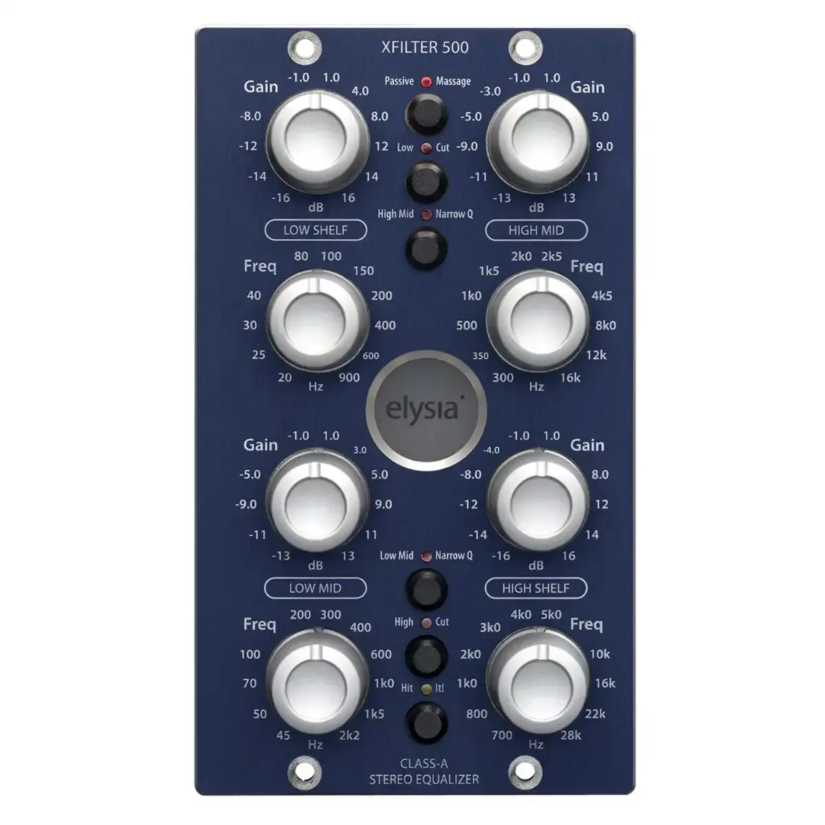 Elysia xfilter qube portable 4‑band stereo equalizer front with Class‑A topology true stereo link
