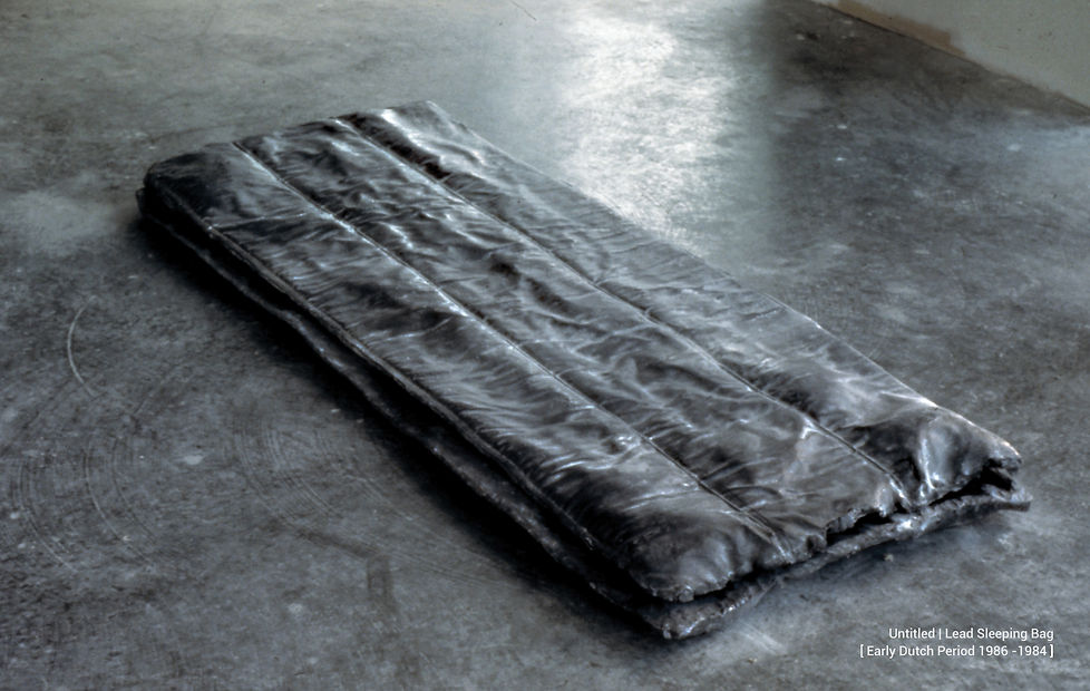 An actual full-size casting in solid lead of a sleeping bag. This was a very prominent early piece by conceptual artist Ron Huebner.