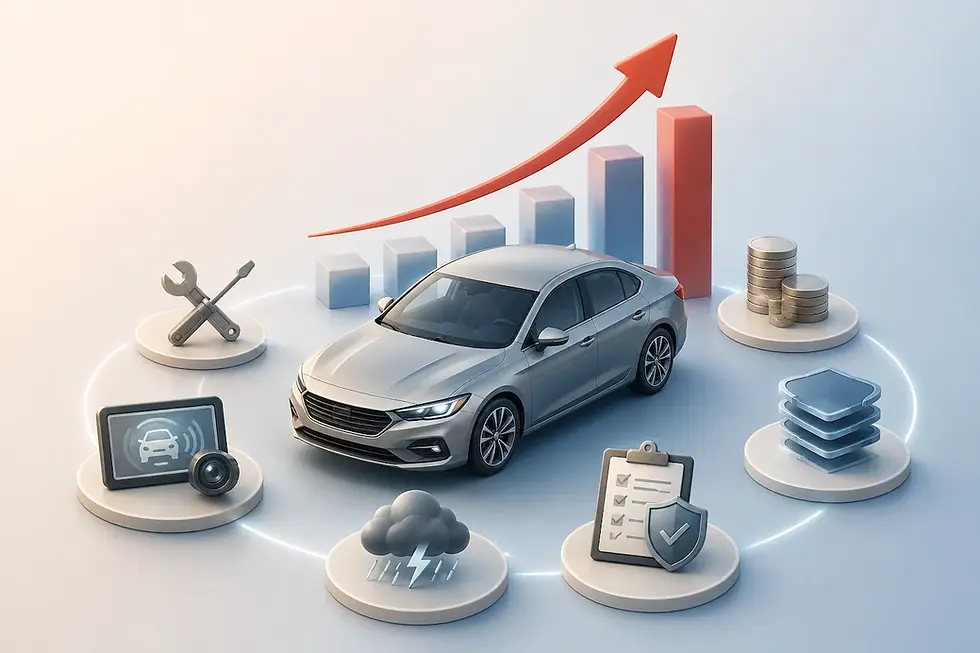 Modern illustration representing rising auto insurance costs and the factors that can cause car insurance premiums to increase.