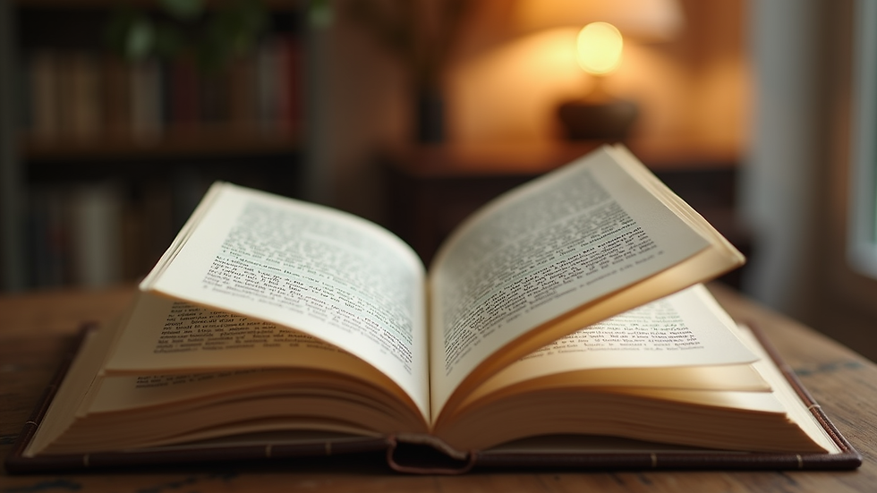 Close-up view of an open book with a cozy reading nook