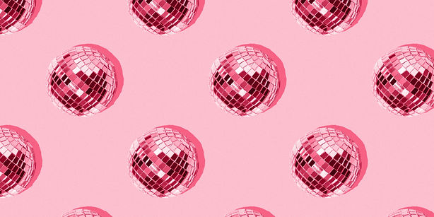 Seamless pattern with mirrored disco balls on a pink background. Image toned in the color 