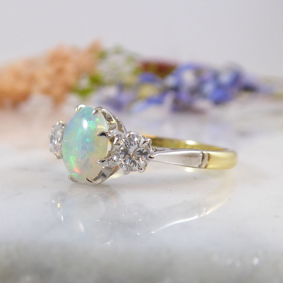 Thumbnail: Opal and Diamond Three Stone Ring in Yellow Gold