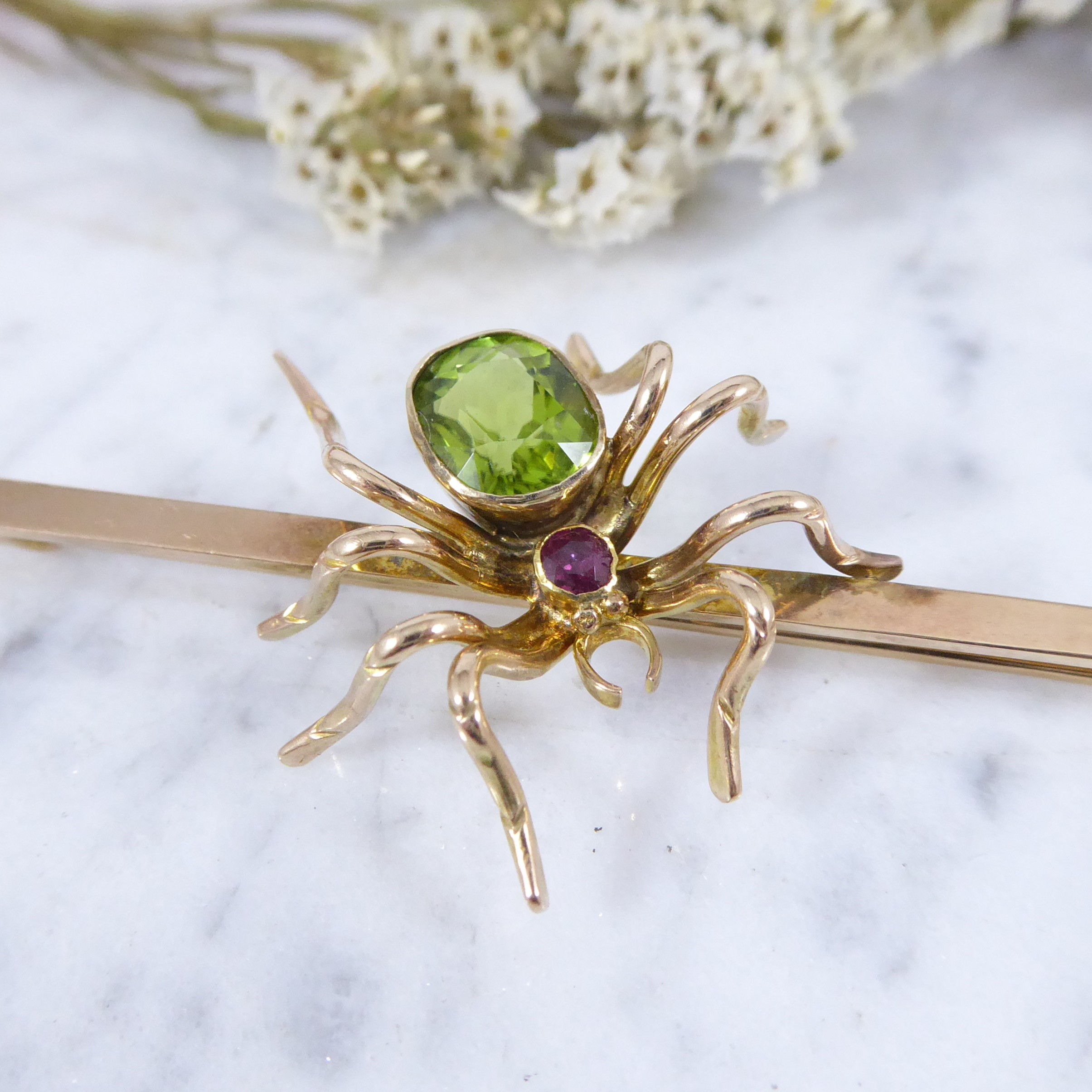 Peridot and Ruby Spider Brooch in Yellow Gold