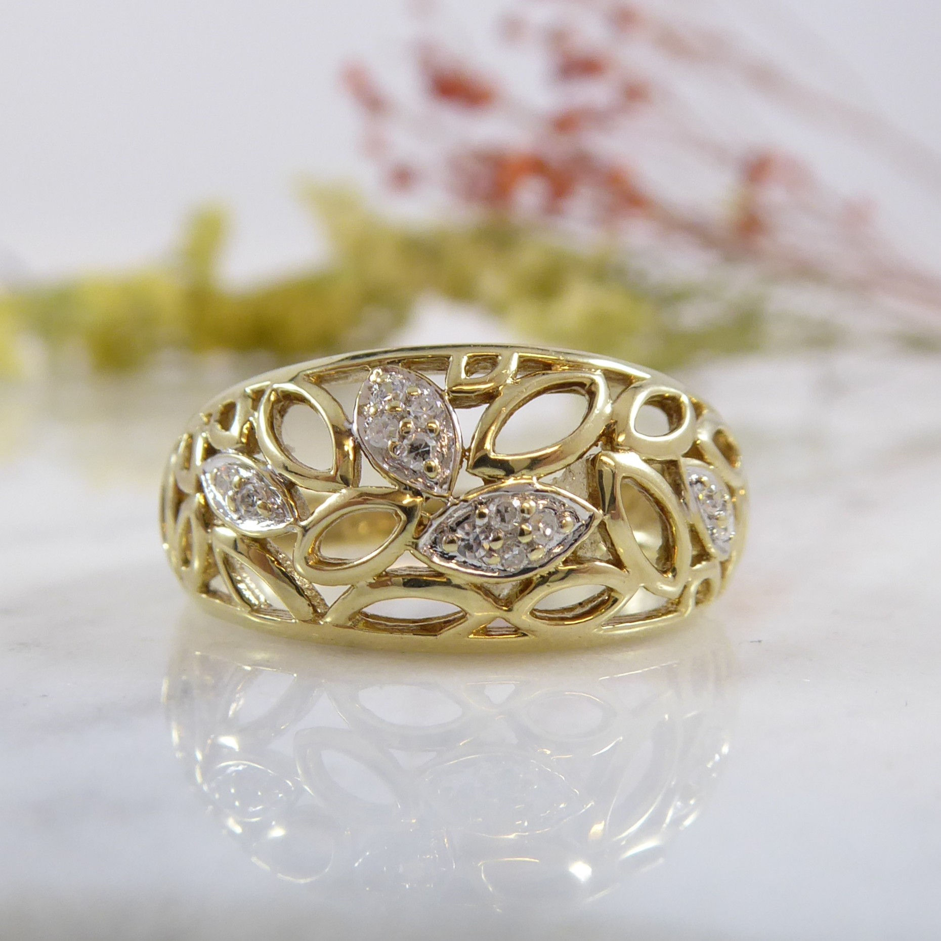 Diamond Set Leaf-Design Ring in Yellow Gold