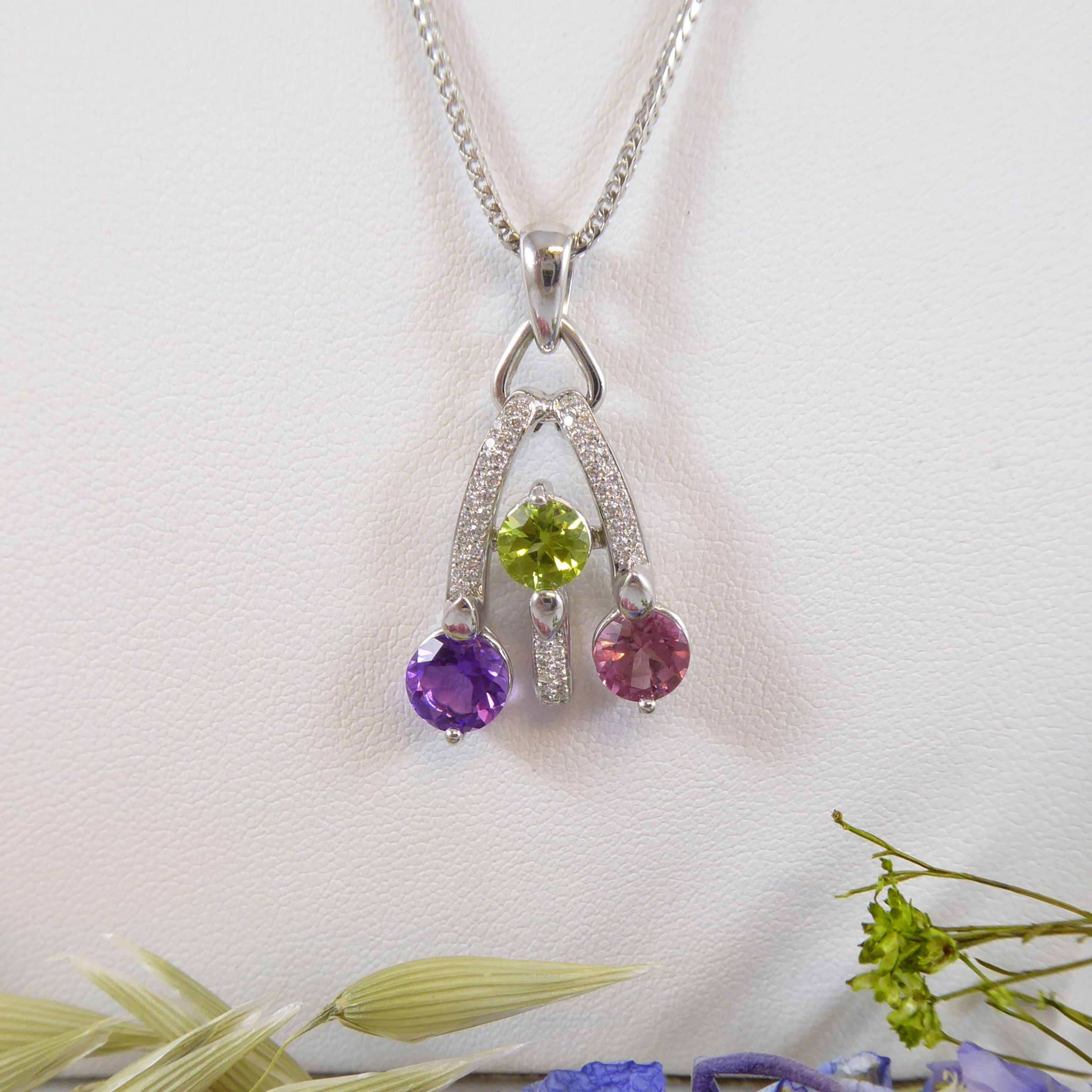 Diamond, Amethyst, Peridot and Tourmaline Pendant & Chain in White Gold