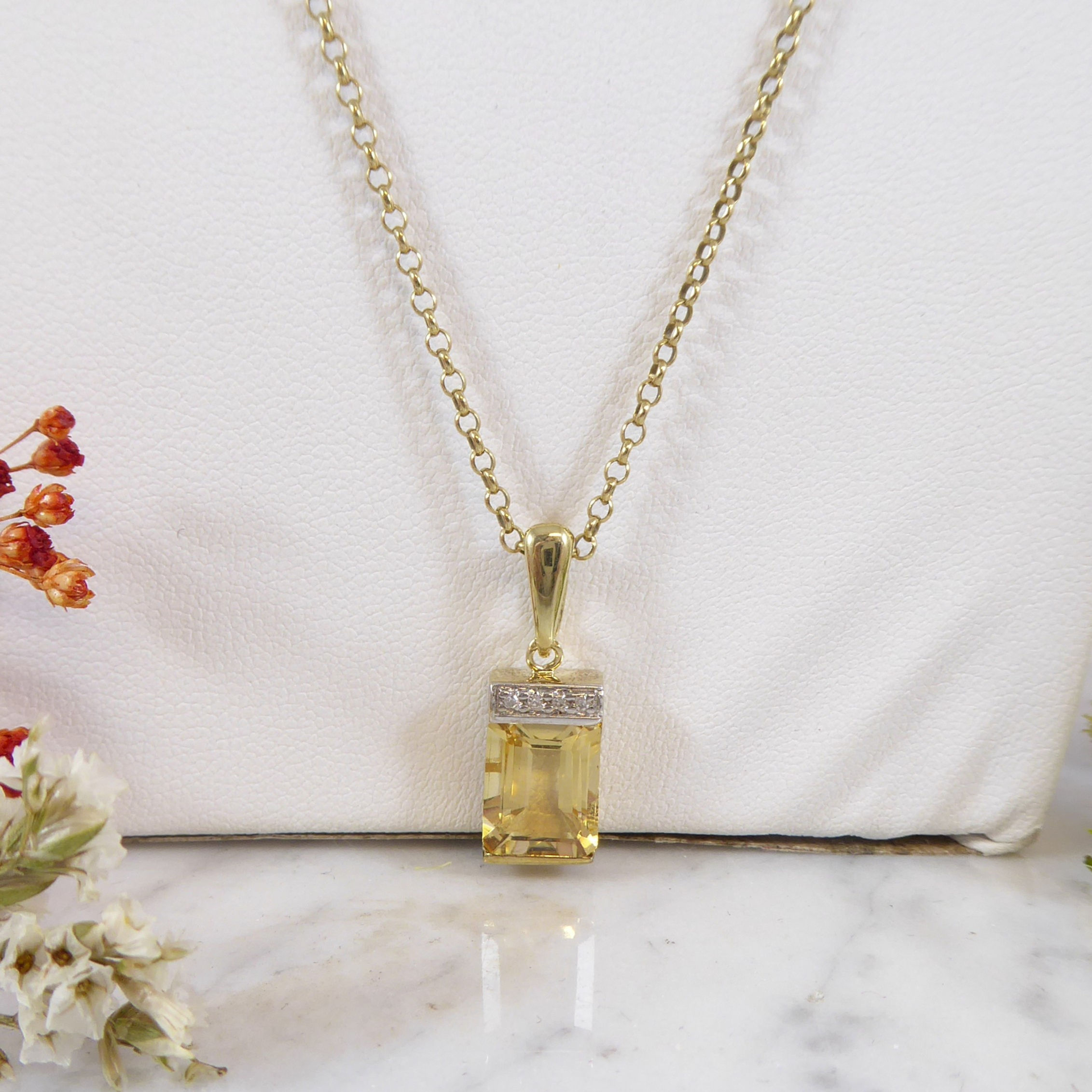 Citrine and Diamond Pendant and Chain in Yellow Gold