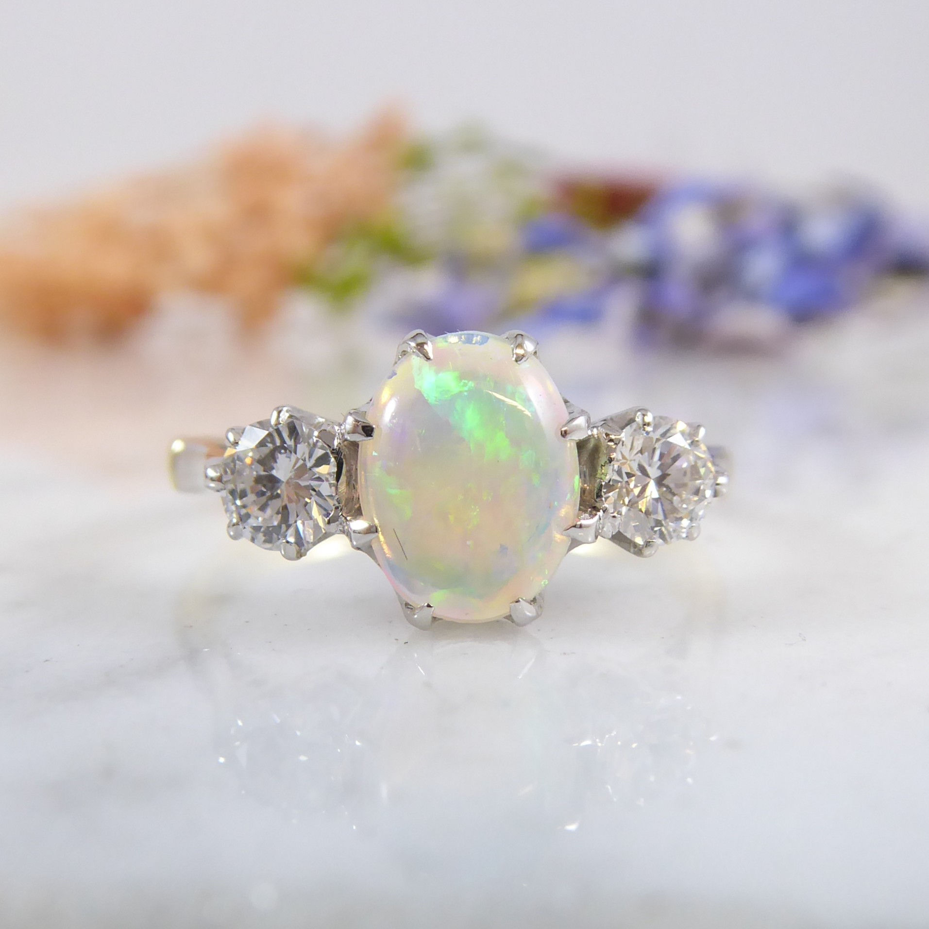 Opal and Diamond Three Stone Ring in Yellow Gold