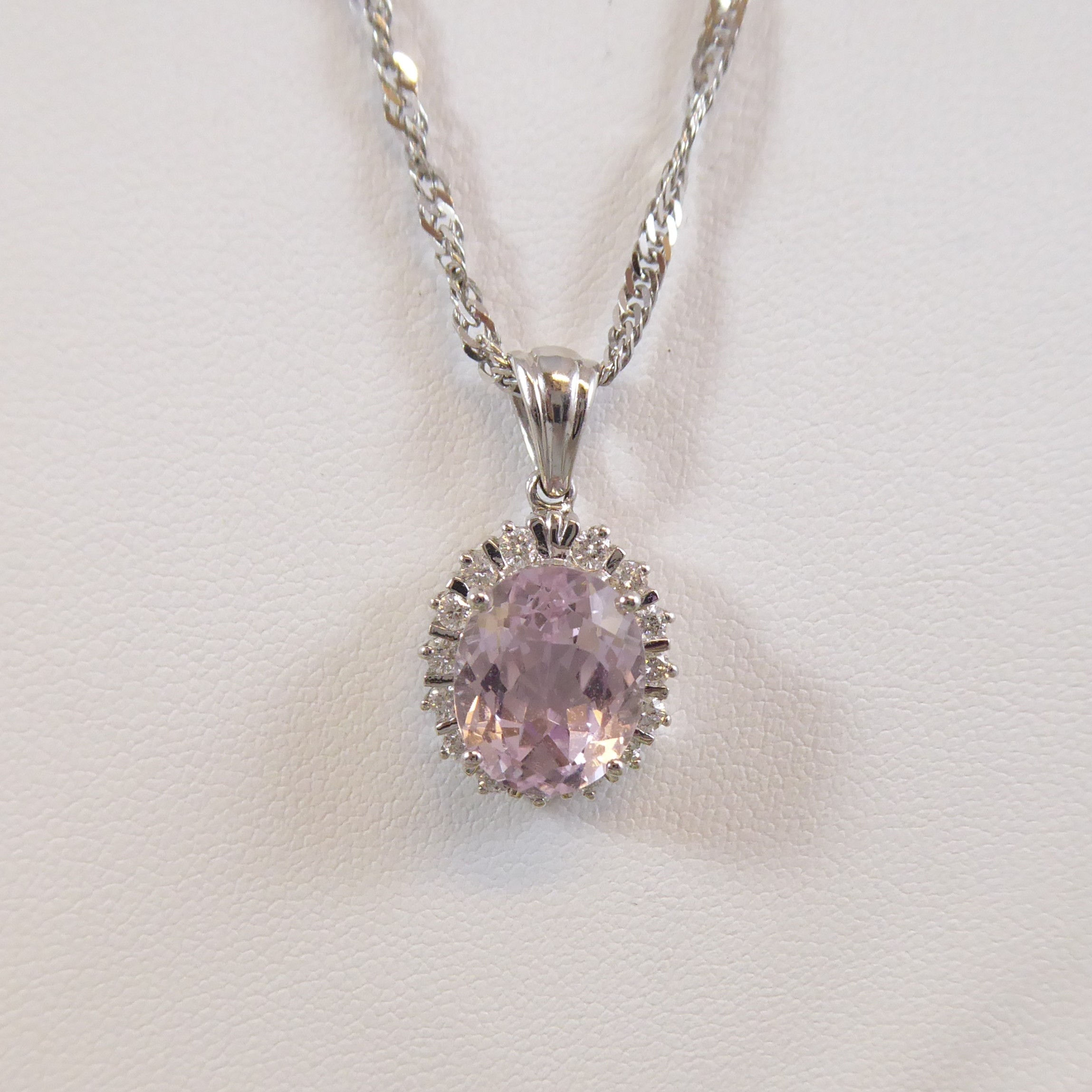 Kunzite and Diamond Pendant & Chain in White Gold