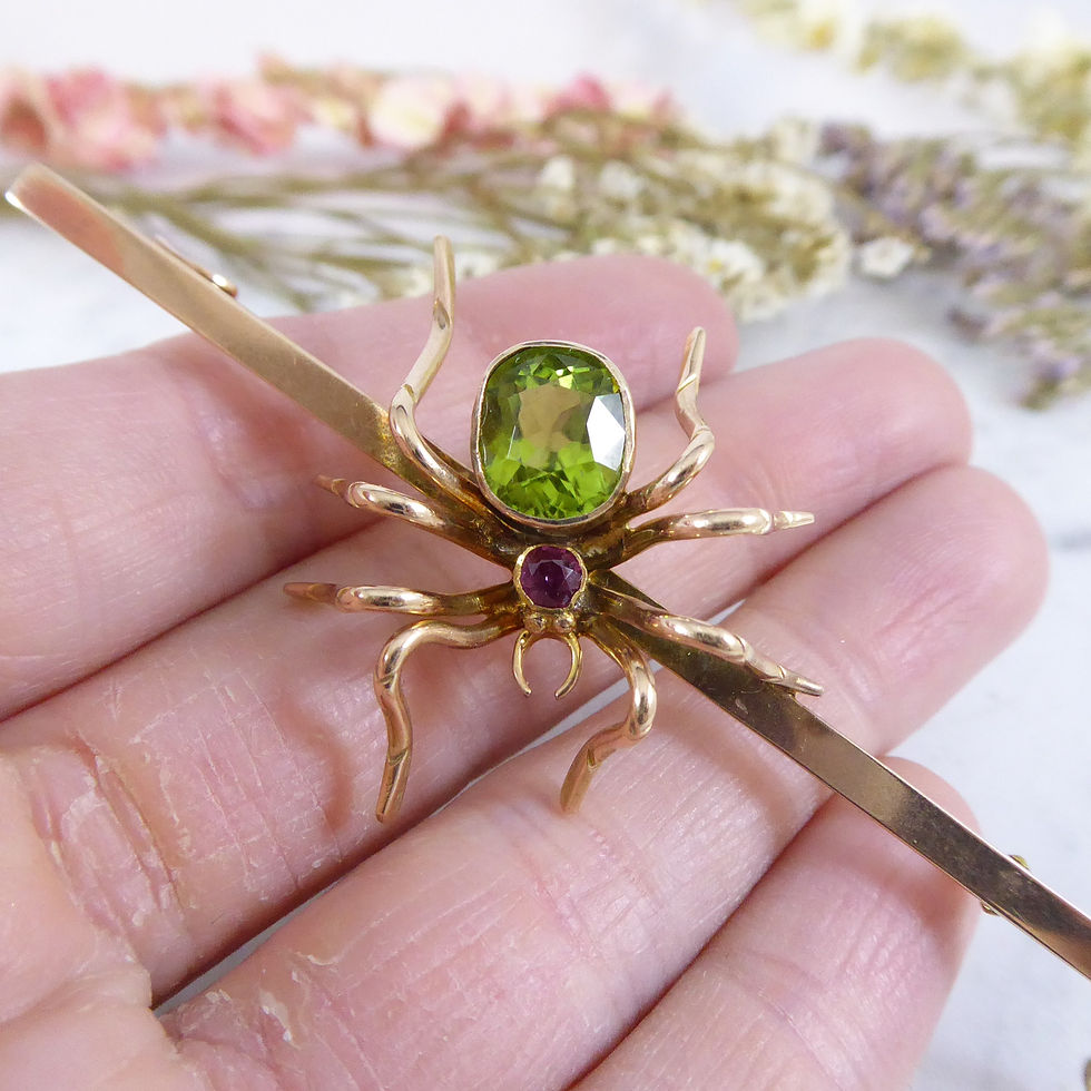 Thumbnail: Peridot and Ruby Spider Brooch in Yellow Gold