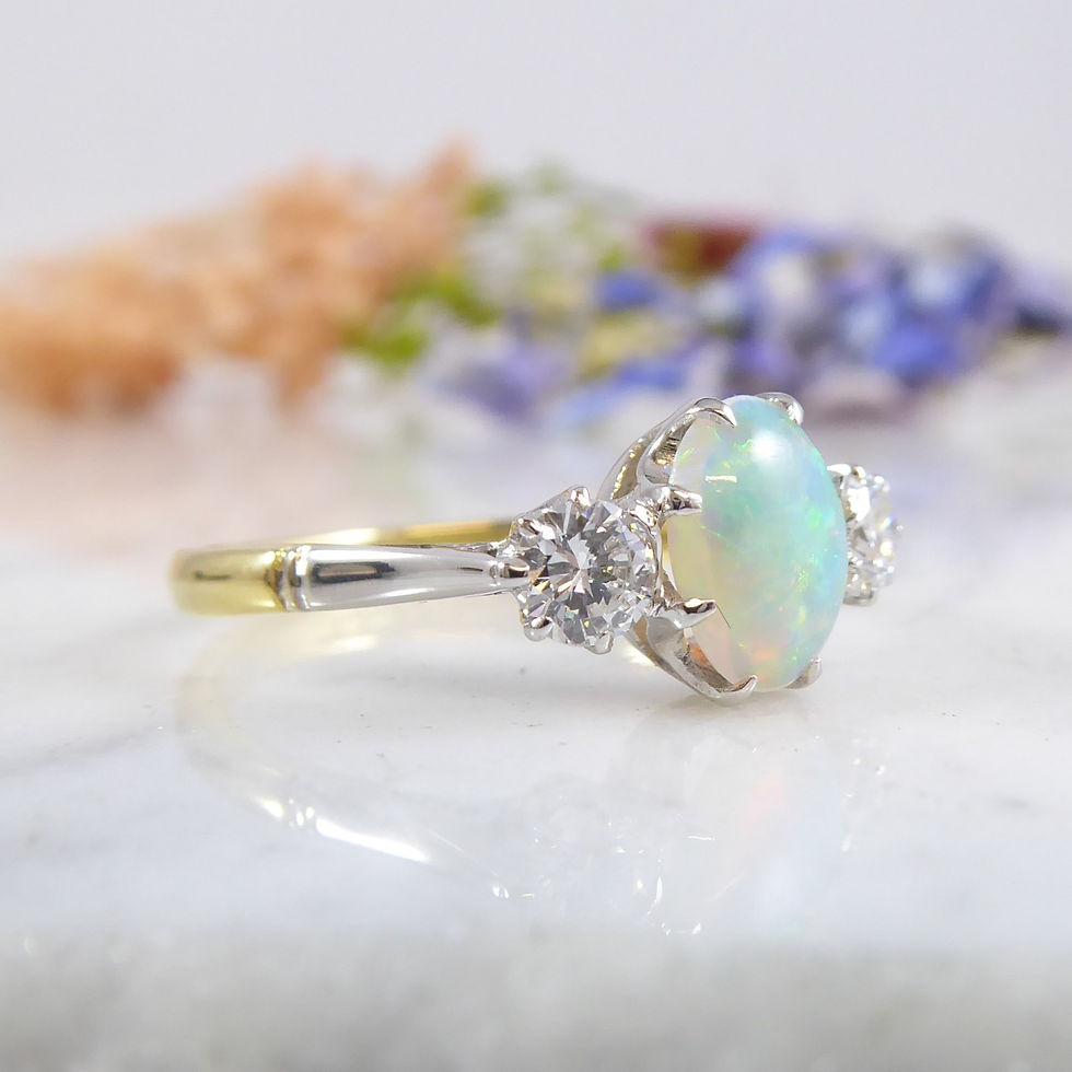 Thumbnail: Opal and Diamond Three Stone Ring in Yellow Gold