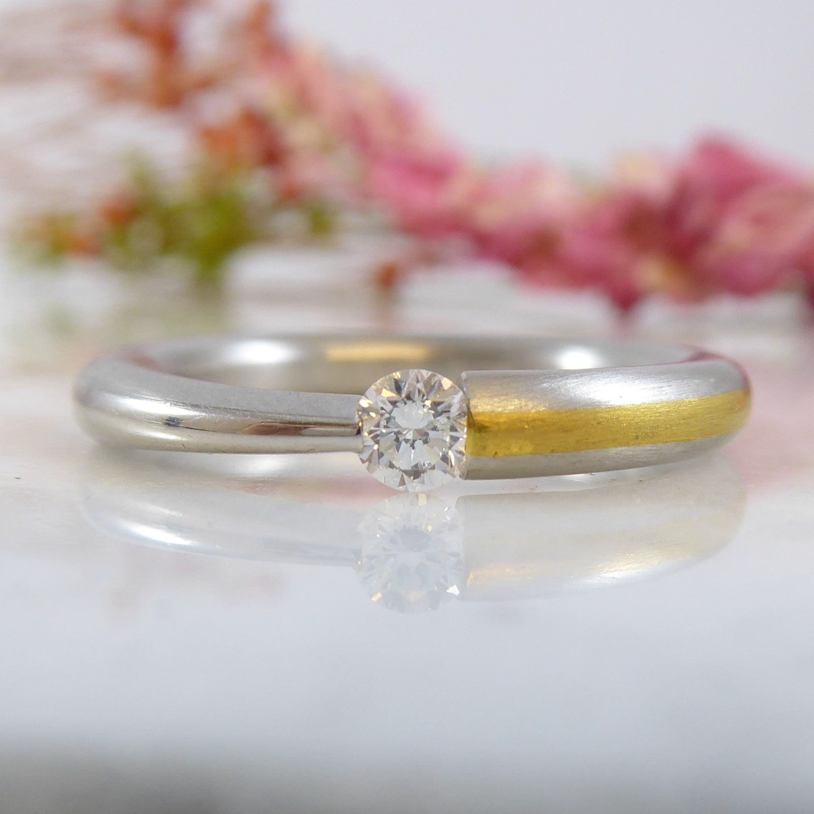 Contemporary Diamond Solitaire Ring in Platinum and Yellow Gold