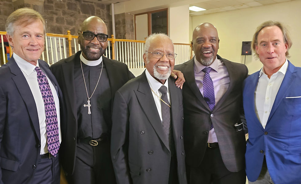 Five generations of Pivot leadership gathered at the Homegoing service for Rev. Alonzo Smalls on March 17, 2026. From left: Tony Kiniry, former Executive Director and now Executive Director of Recovery Community Development, Bridgeport; Rev. Richard Williams, current Executive Director; Bishop Joseph Clemmons, co-founder of Pivot Ministries; Rev. David Smith, former Executive Director and now Vice President of Programs at Bay Area Rescue Mission, California; and Greg Wertz, former Board Member.