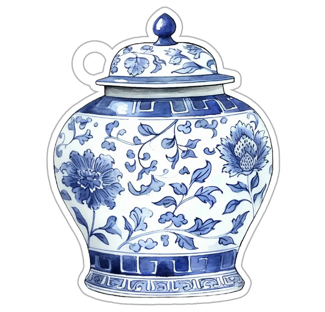 Blue Floral Ginger Jar Gift Tags with Navy Ribbon, Set of 8