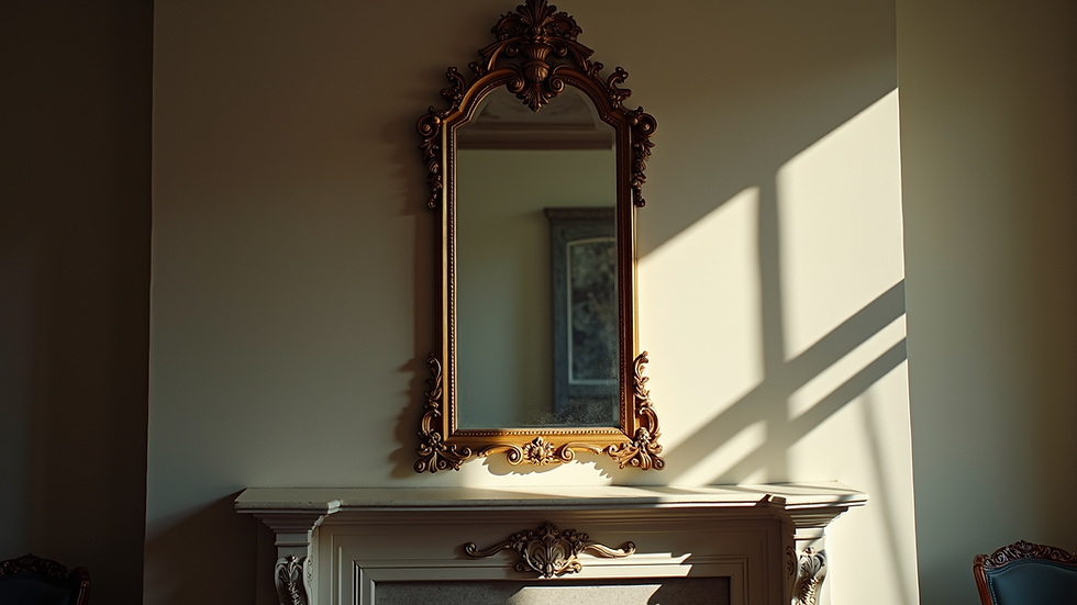 High angle view of an ornate mirror above a mantelpiece