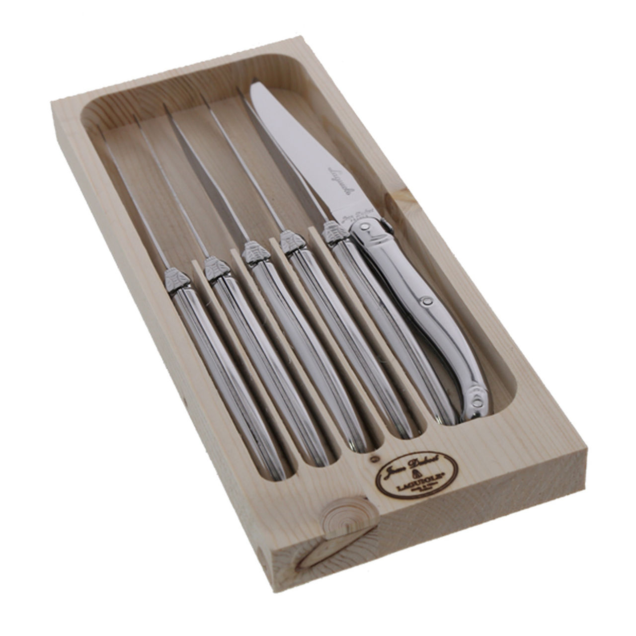 Laguiole Jean Dubost 6 Steak Knives with Stainless Steel Handles in Tray