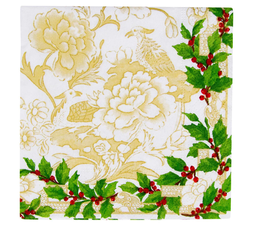 Caspari - Holly Ceramic Ivory and Gold Paper Cocktail Napkins