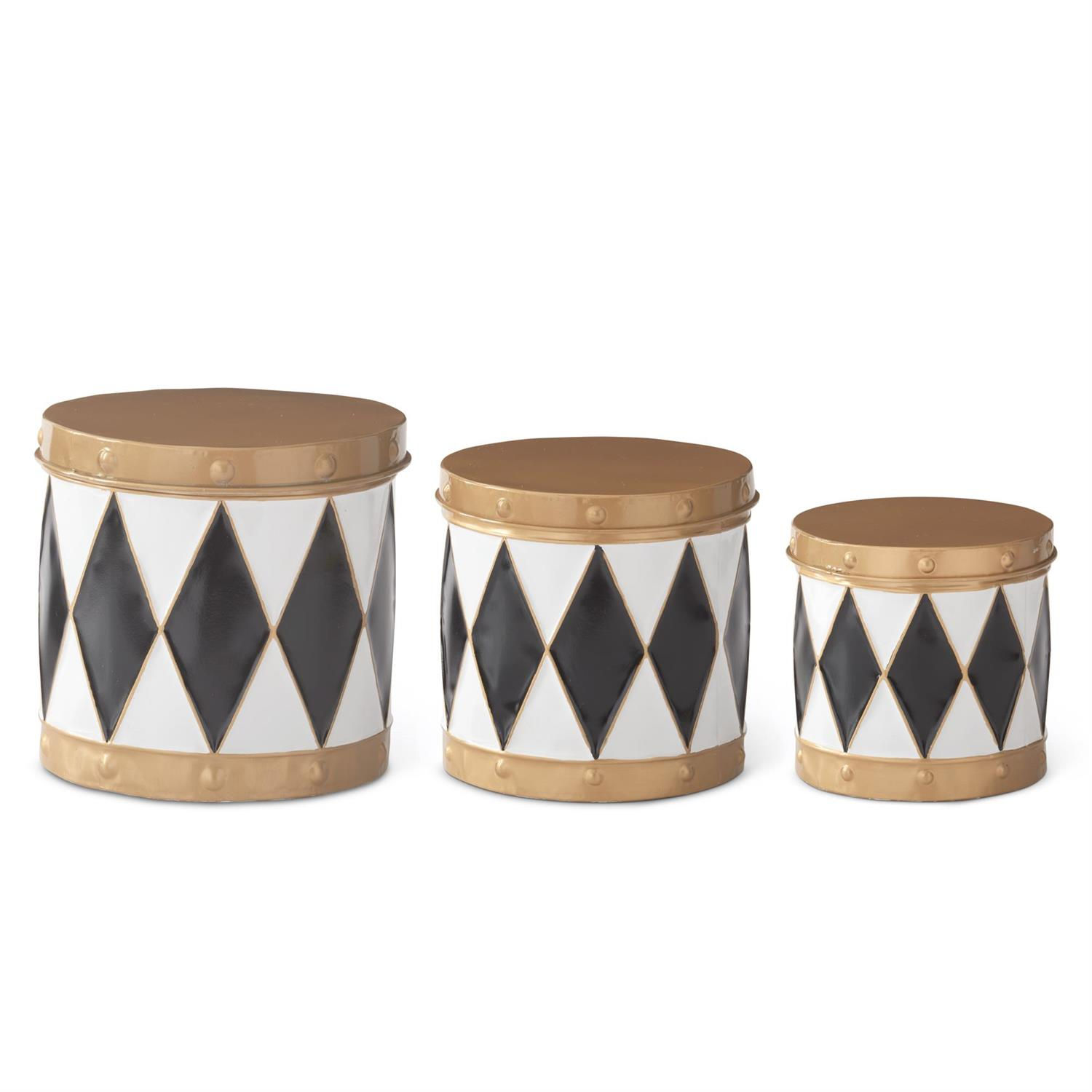 Black and White Harlequin Metal Drum Containers, Set of 3