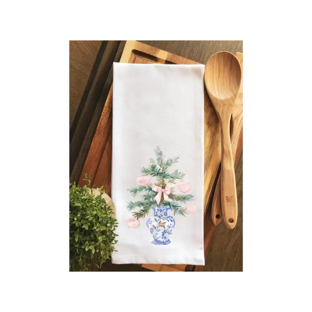 Chinoiserie Pink Christmas Balls Christmas Tree Tea Towel