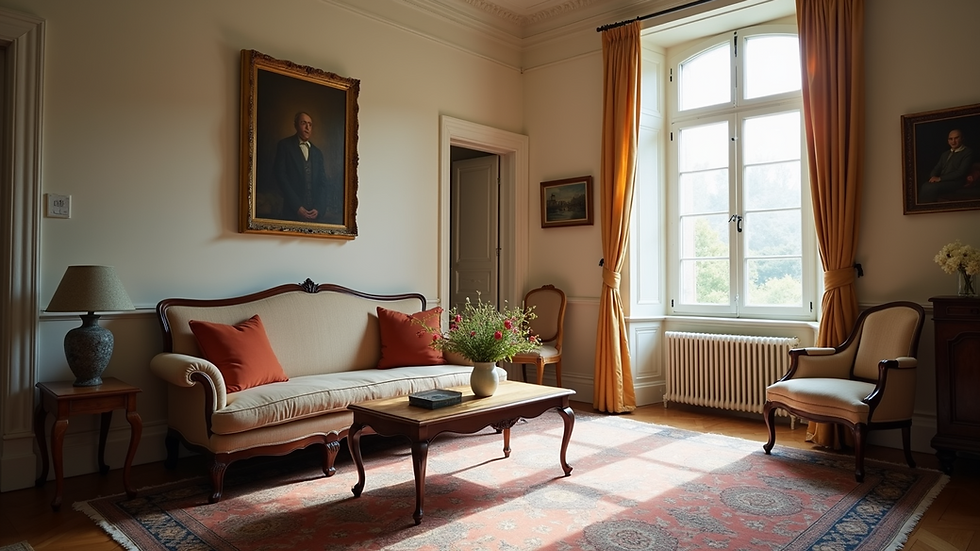 Eye-level view of a traditional French living room with classic furniture