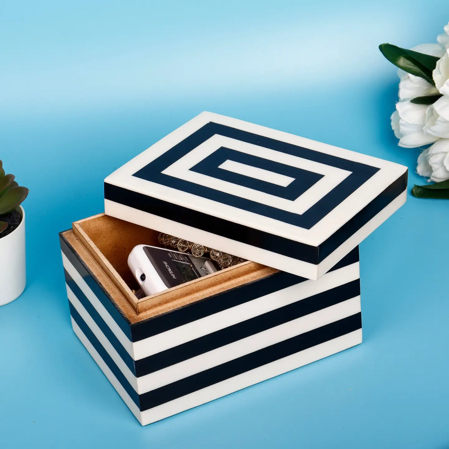 Handcrafted Black and White Decorative Box, 6x4.5 Chateau Charmant