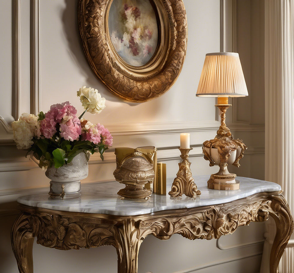 Close-up view of a decorative table with layered lighting and accessories