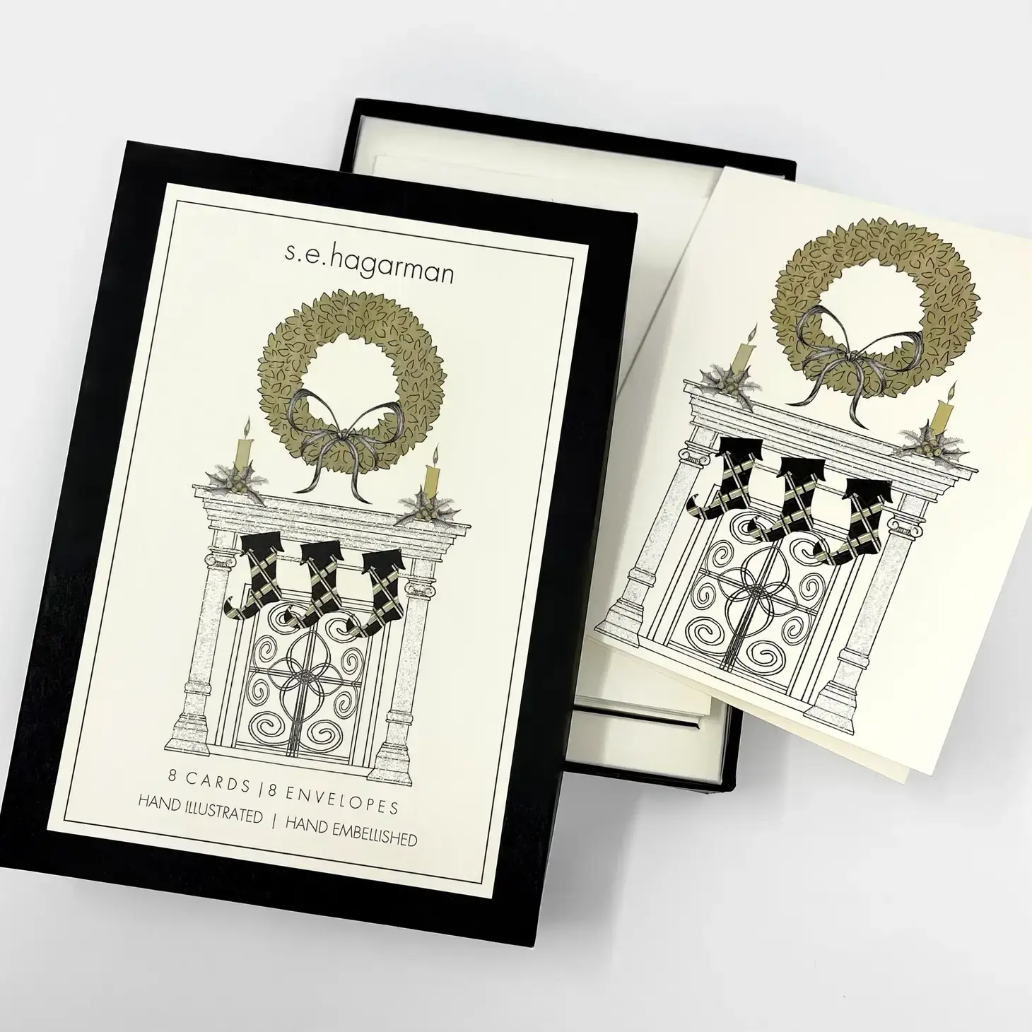 Festive Fireplace Holiday Stationery Set, Hand-Embellished