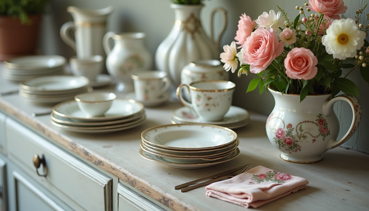 Close-up view of a vintage French-style sideboard with floral china and fresh spring flowers