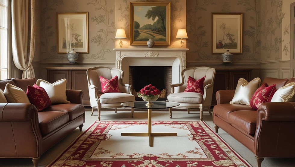 Close-up view of a luxurious living room with elegant textiles and colors