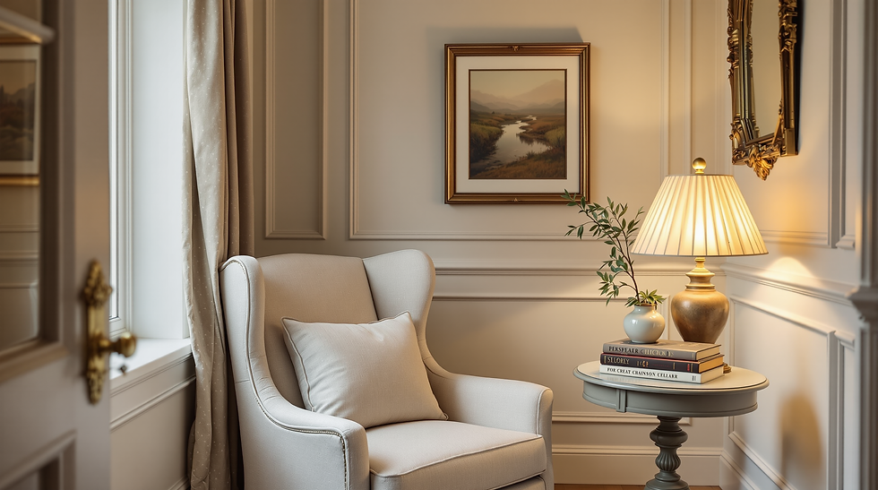 Eye-level view of a cozy reading nook with personal decor and soft lighting