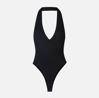 Because of Alice black plunge bodysuit with a low V-neckline and sleek, fitted silhouette for a bold, minimal look.