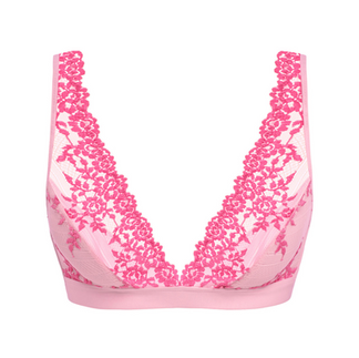 Pink lace bra from Wacoal Europe featuring intricate floral detailing, supportive cups, and a delicate, feminine design that combines elegance with comfort.