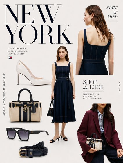 Laura wearing a navy Tommy Hilfiger dress with a Tommy knit draped over her shoulders and an American Icon Mini Canvas Bag, standing inside the Tommy Hilfiger Archives in Queens, New York, surrounded by iconic fashion pieces and archive collections.