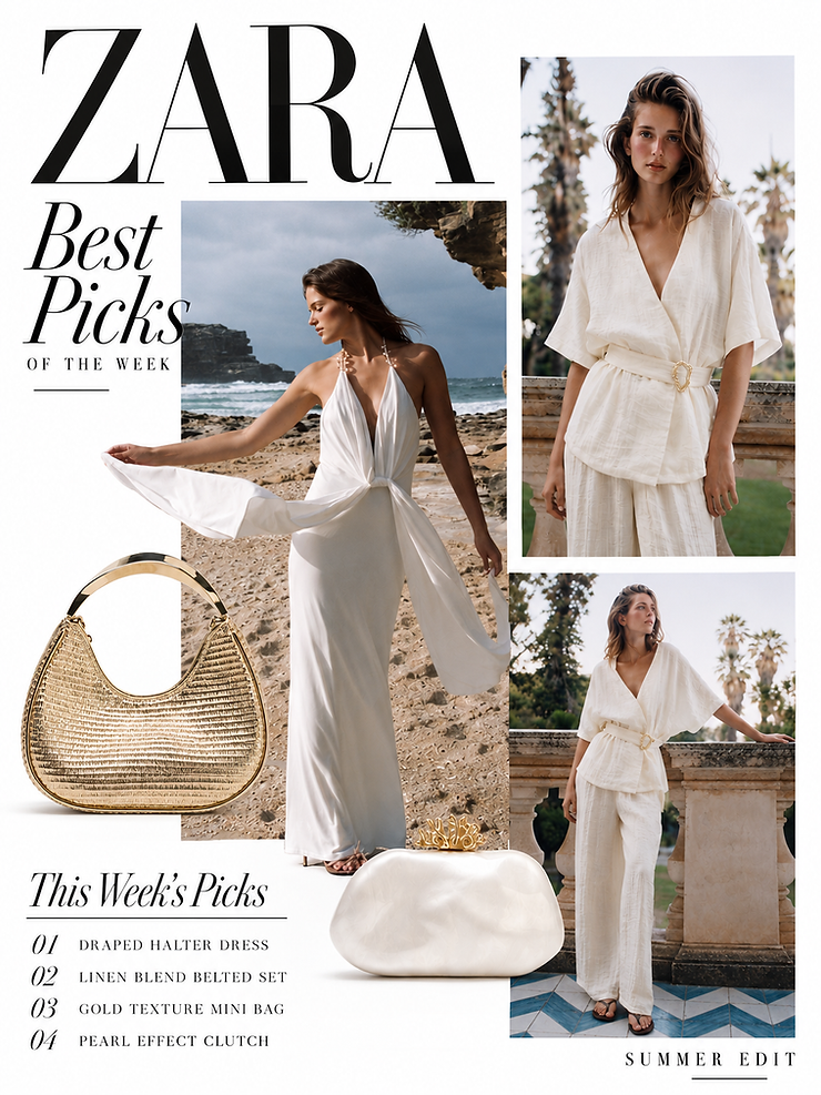 Editorial collage featuring Zara’s cobalt blue crossover halter neck linen-blend maxi dress with a flowing silhouette. Styled with multiple campaign images showing the dress from different angles, highlighting its elegant neckline, open back and effortless movement. A curated summer fashion edit perfect for holidays, weddings, garden parties and warm-weather occasions.