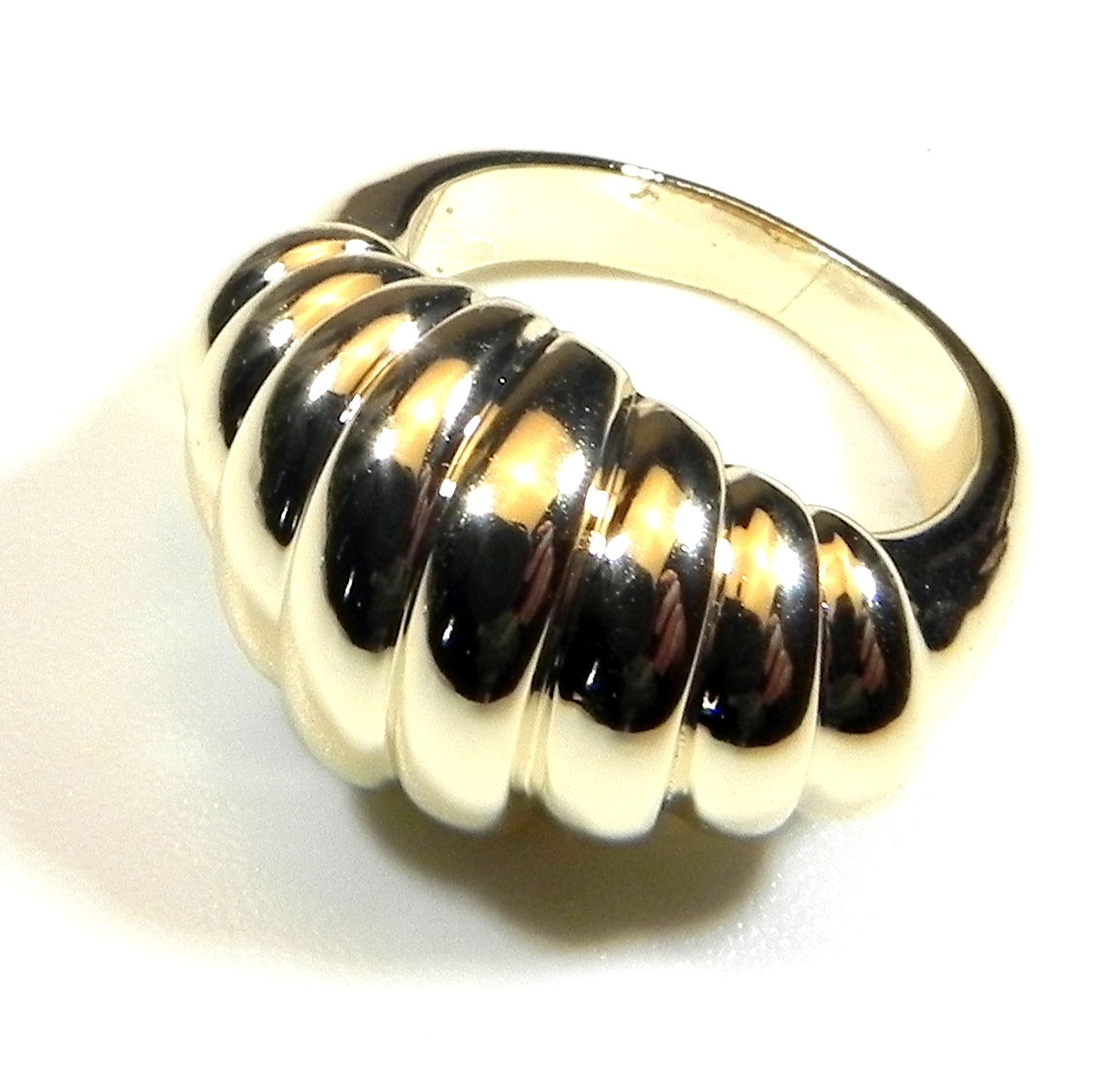 Bold Gold-Tone Stainless Steel Ribbed Dome Croissant Ring