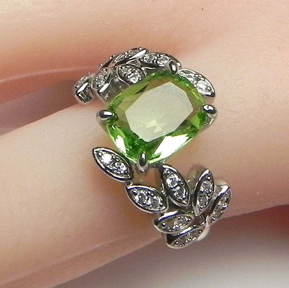 Thumbnail: Peridot Green CZ Cocktail Ring, Cushion Cut Botanical Leaf Bypass Band, August B