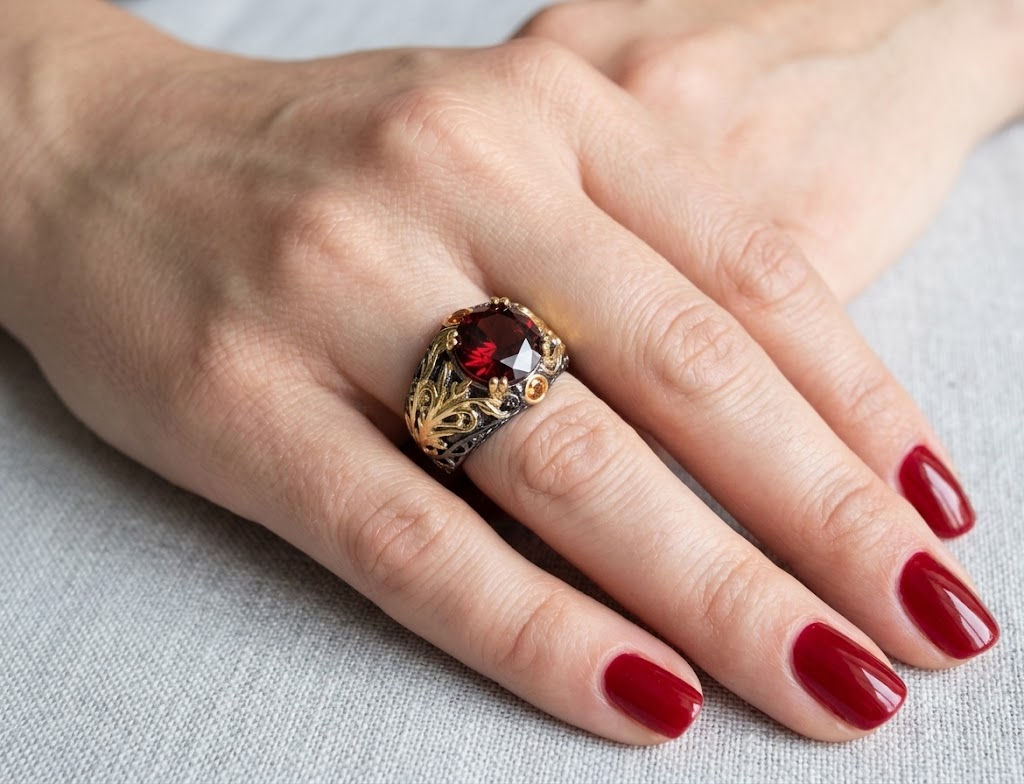 Ornate Two-Tone Filigree Statement Ring with Large Garnet Red Cubic Zirconia
