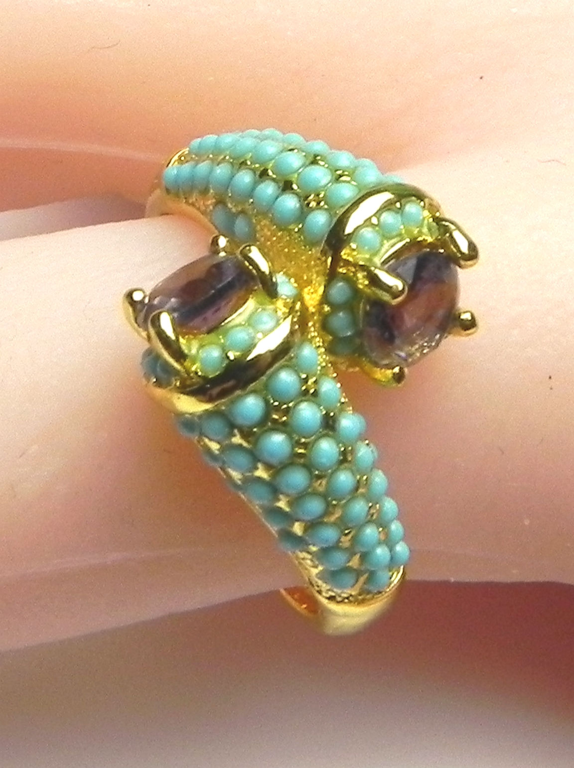 Amethyst Cubic Zirconia Bypass Ring, Simulated Turquoise Bead Statement Jewelry