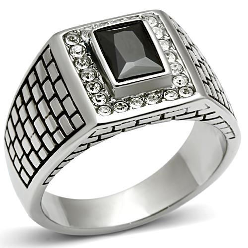 Stainless Steel Men's Ring- Black Stone & Pave Set Crystals