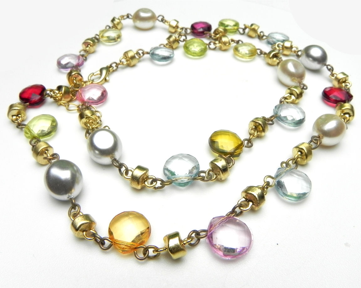 Gold Layered Multicolor Cubic Zirconia & Simulated Pearl Station Necklace – 36"