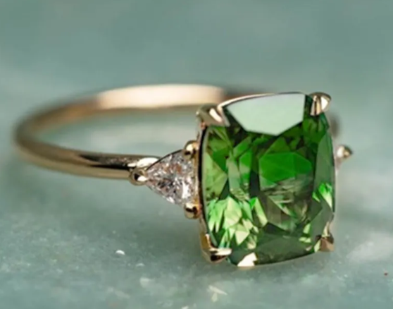 Thumbnail: Designer Inspired Green CZ & Trillion Sides Gold Plated Ring Sz 6-9