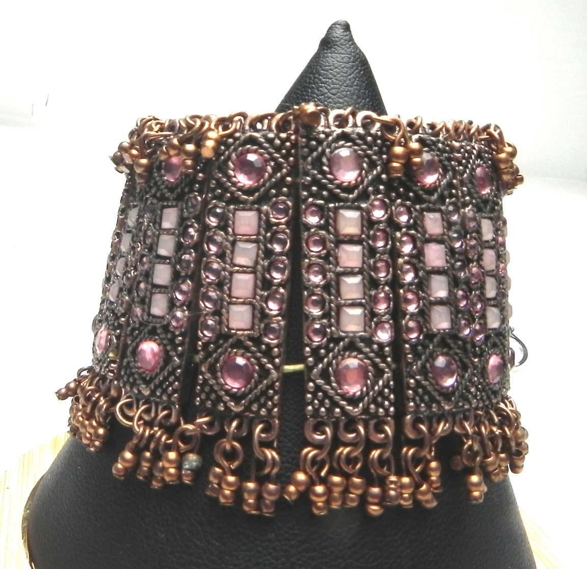 Pink Simulated Stone Bronze-Tone Vintage Style Wide Fringe Stretch Cuff Bracelet