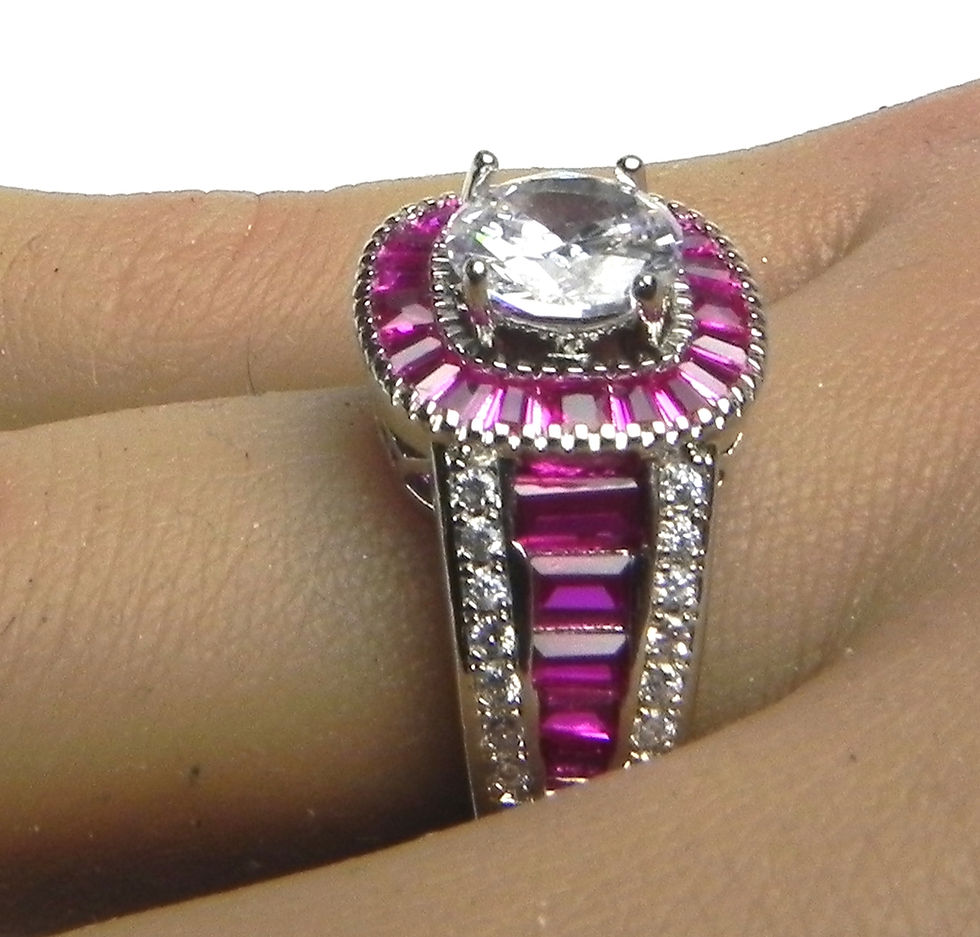 Thumbnail: Vintage-Style Halo Ring – Clear CZ Center with Ruby Red Baguette & Pave Accents
