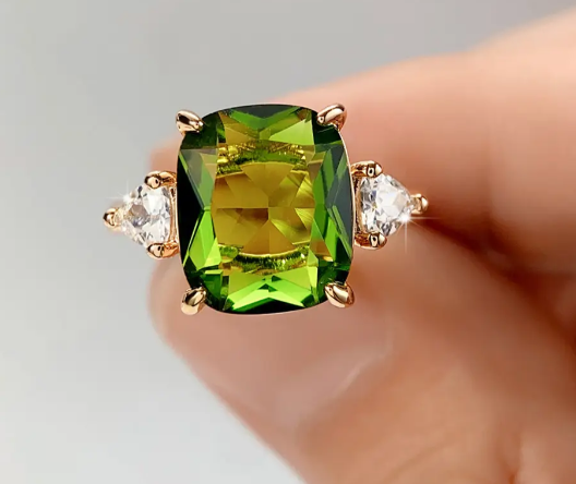 Thumbnail: Designer Inspired Green CZ & Trillion Sides Gold Plated Ring Sz 6-9