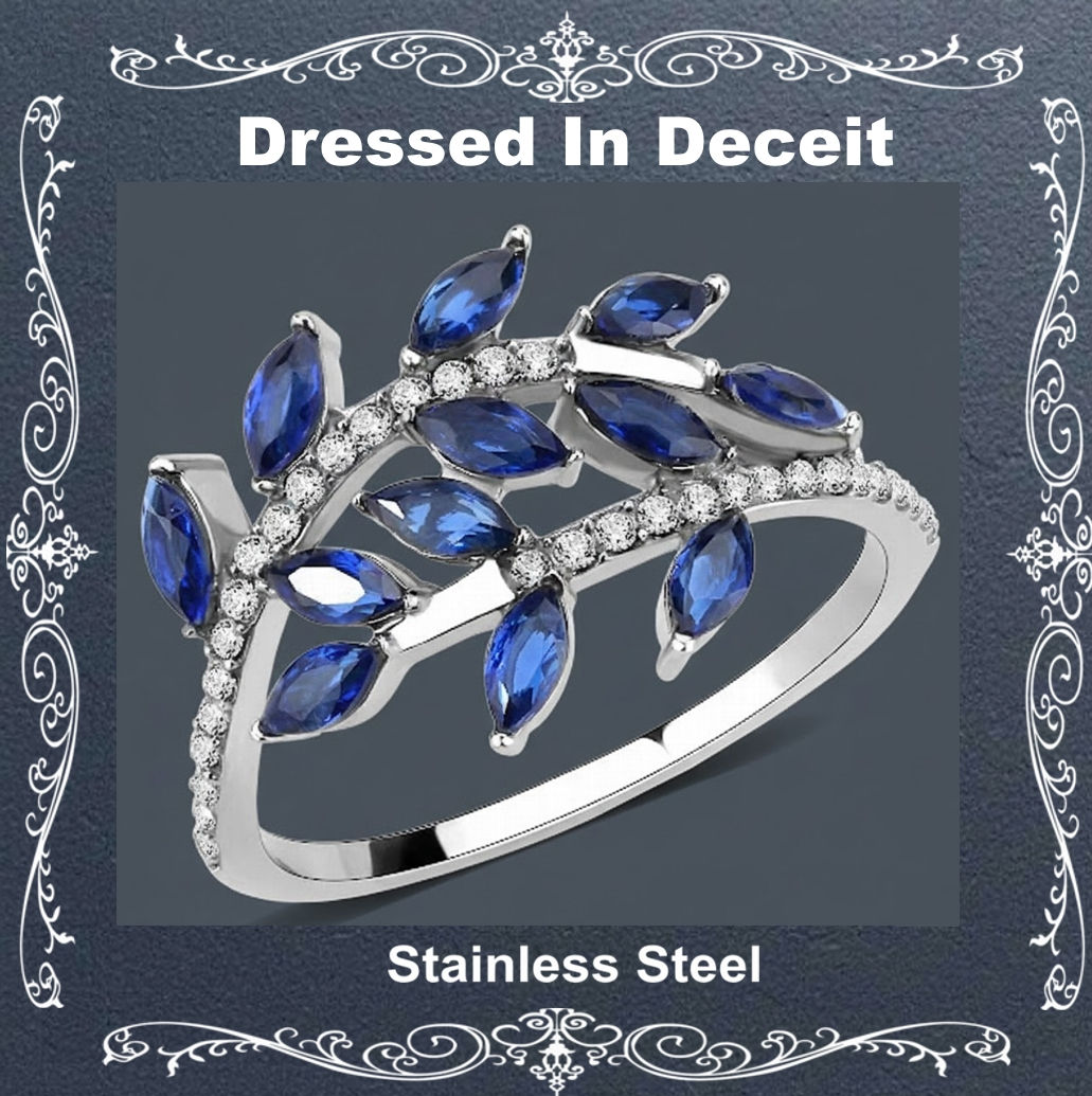 Dainty Sapphire Blue CZ Pave Stainless Steel Ring Sz 5-9