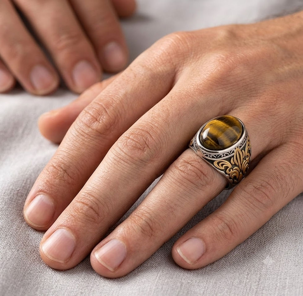 Thumbnail: Two-Tone Antiqued Stainless Steel Ring with Oval Tiger's Eye Cabochon