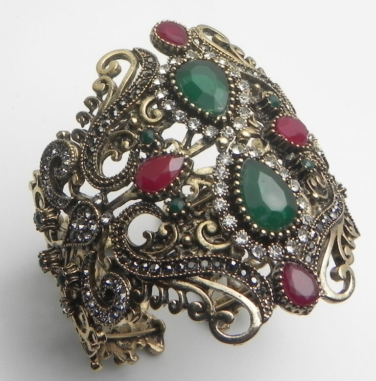 Thumbnail: Vintage Designer Inspired Faux Emerald Green-Ruby Crystals Statement Bra