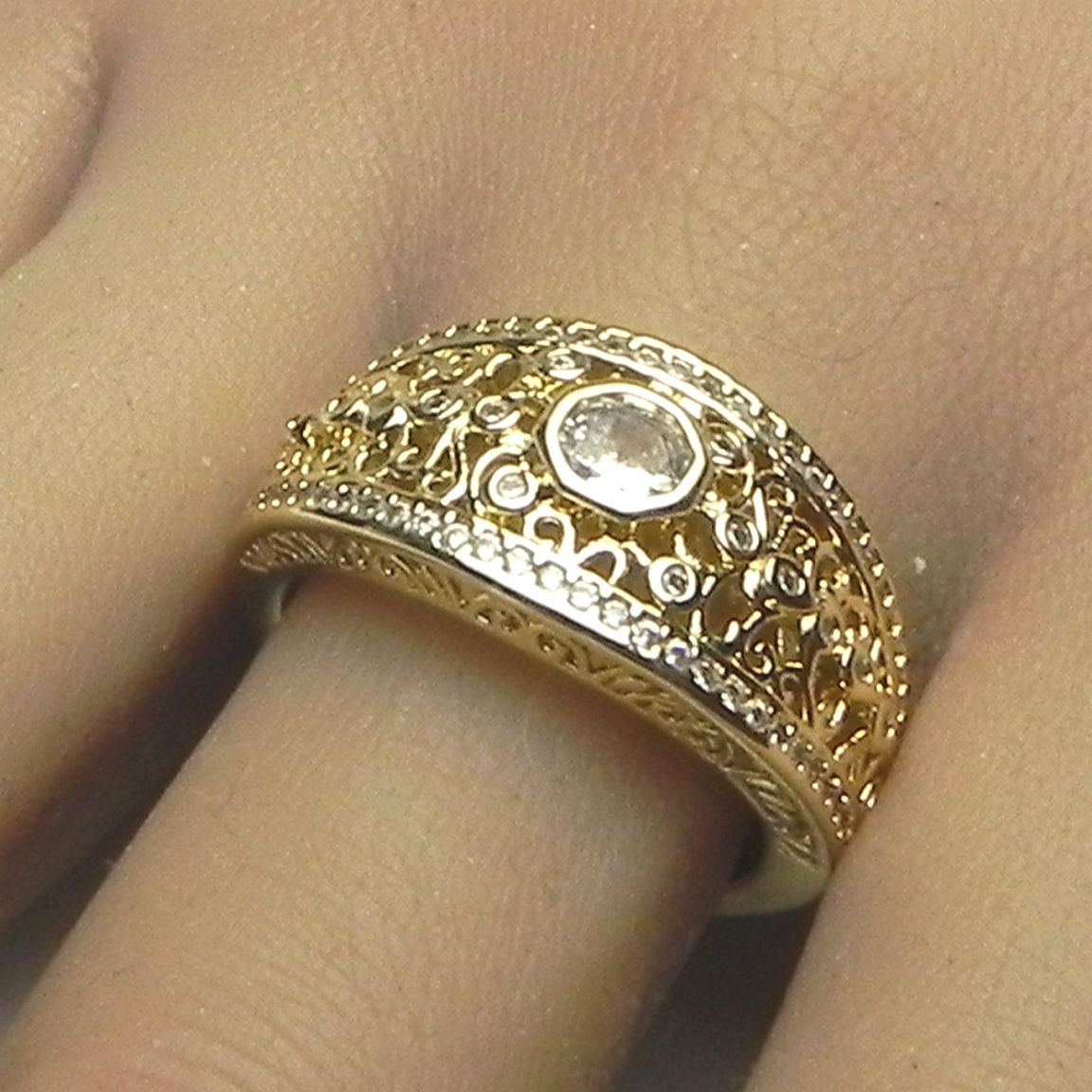 Classic Gold Layered Round CZ Jewelry Ring with Intricate Vintage Filigree Band