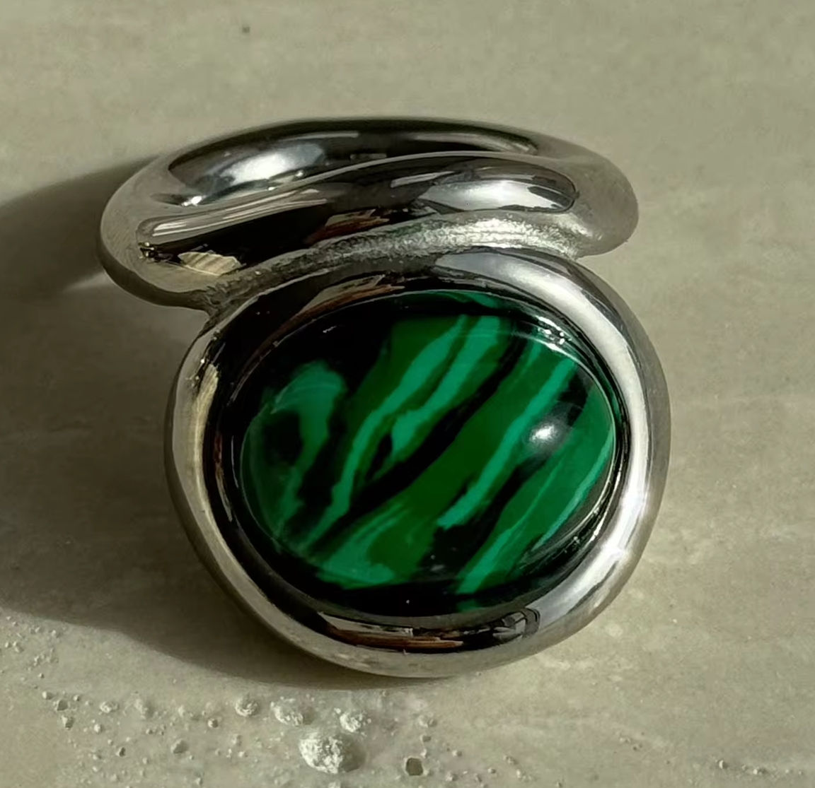 Statement Oval Malachite Textured Open Ring  Stainless Steel Size 7