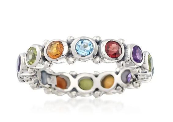 Thumbnail: Designer Inspired Multi-Color Bezel Eternity Band Rhodium Ring Sz 6-9