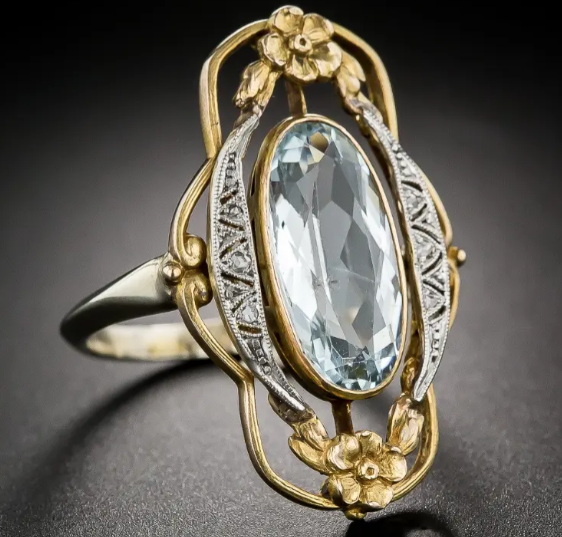 Thumbnail: Vintage Inspired   2-Tone Light Blue Oval Pave Accents Rhodium Ring Sz 6-9